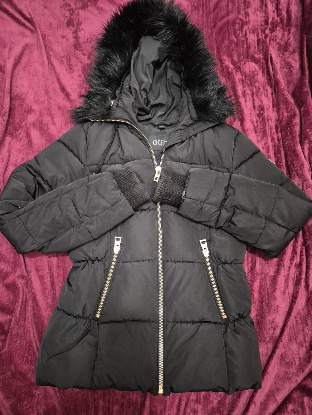 Black Puffer Coat with Faux Fur Hood